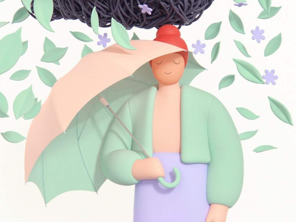 Ilustración 3D de una persona tranquila bajo un paraguas mientras una nube de hilos enredados se disuelve en hojas suaves