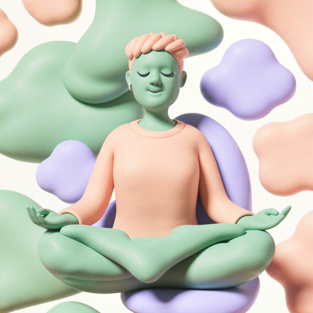 Ilustración 3D moderna de una persona meditando serena entre nubes suaves pastel