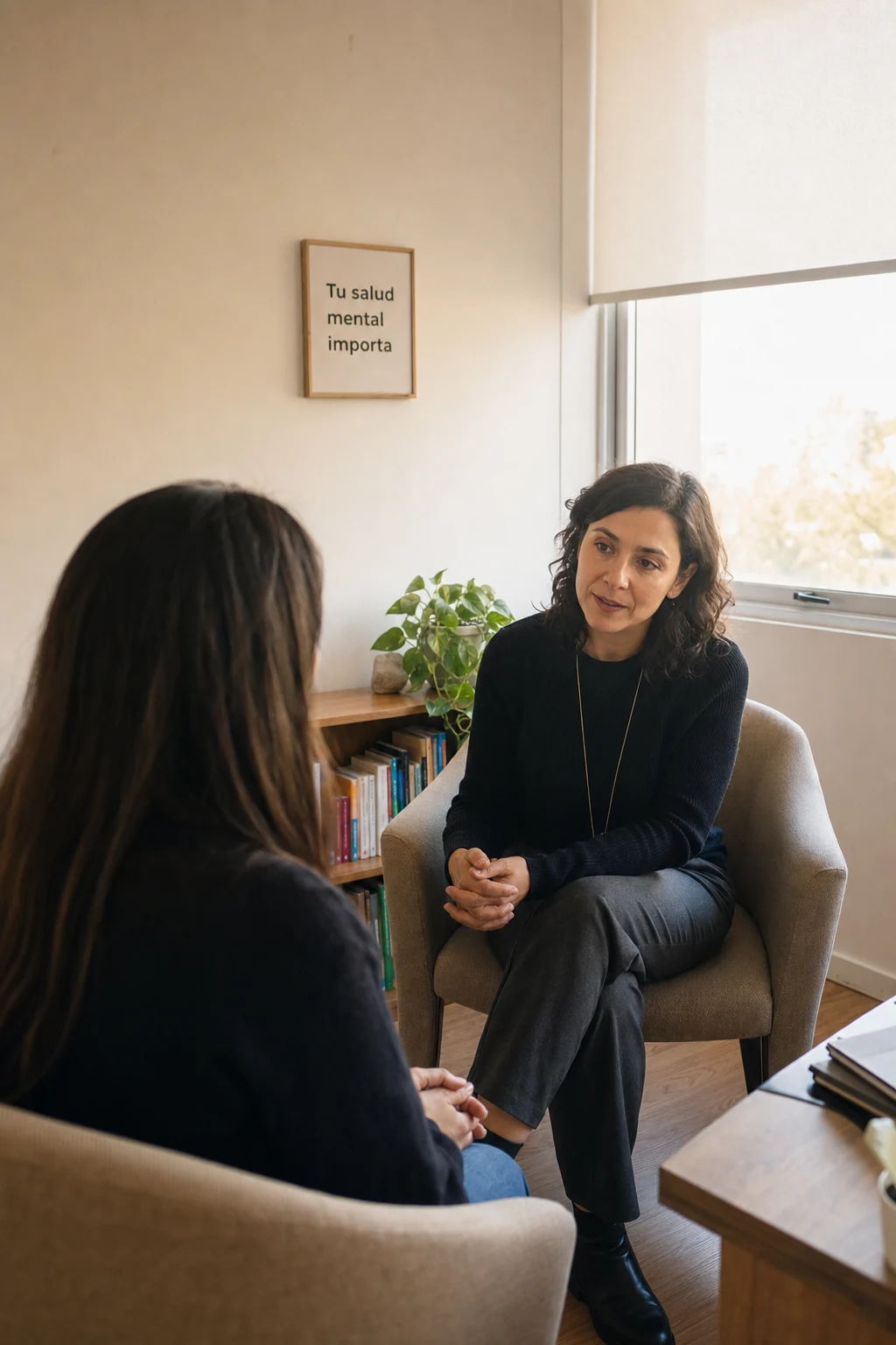 Psiquiatra conversando con una paciente en un consultorio de salud mental en Santiago