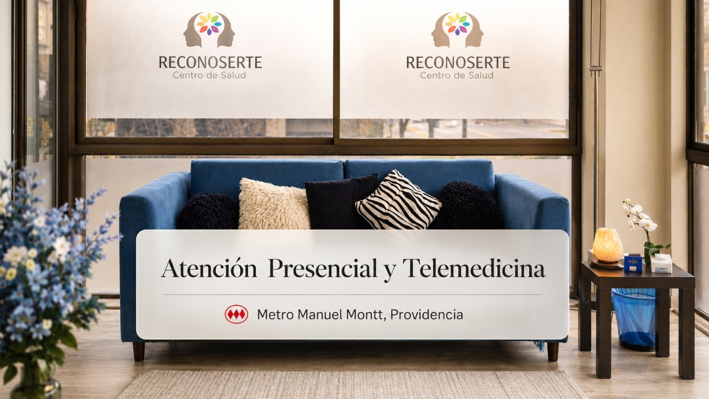 Sala de espera de ReconoSERte: sofá azul frente a ventanales con el logo del centro