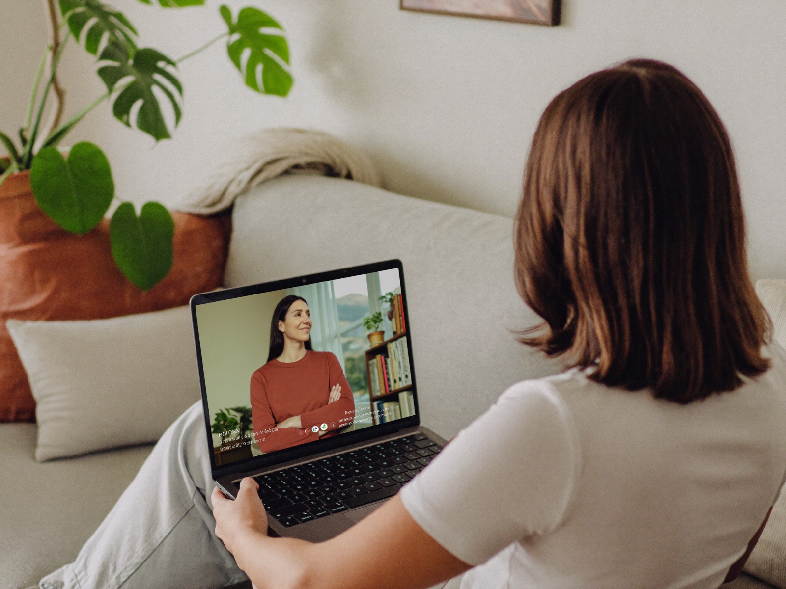 Persona en una sesión de terapia online por videollamada desde su casa
